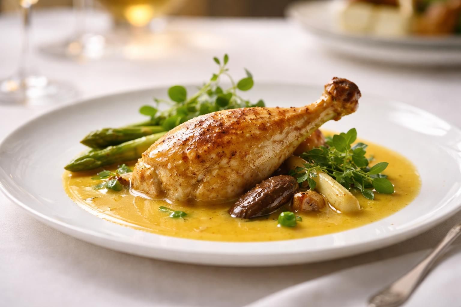 savourez un poulet au vin jaune gastronomique, célébrant l'alliance parfaite de la simplicité et de l'élégance culinaire pour une expérience gustative unique.