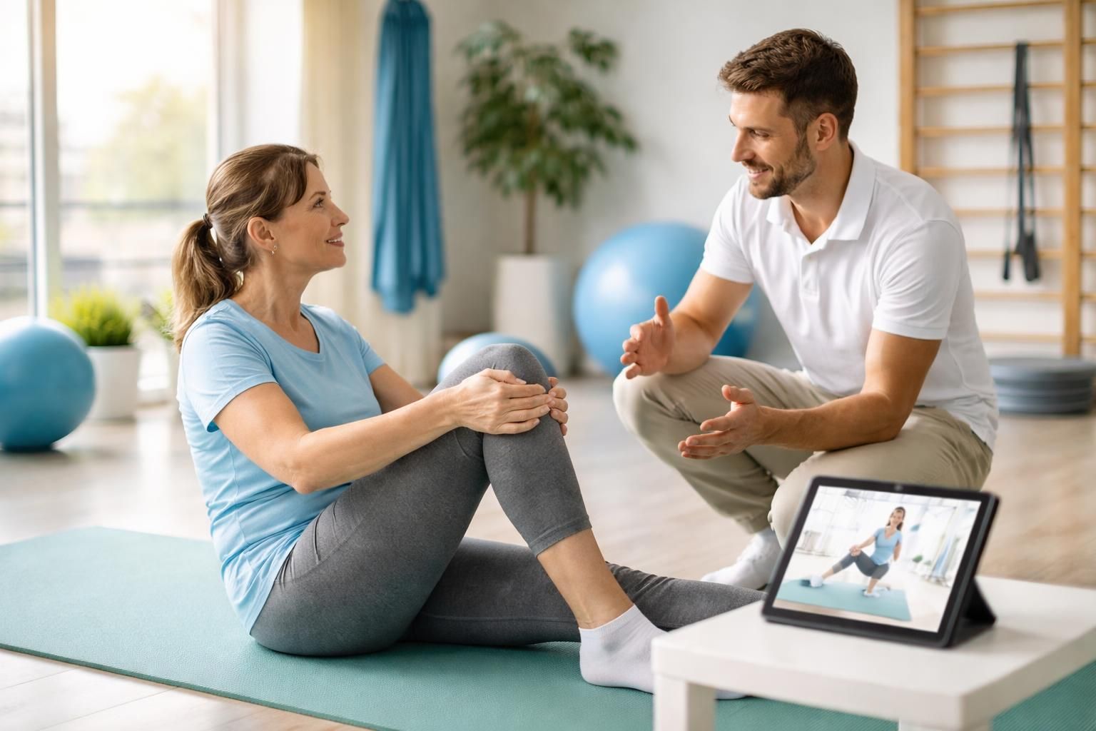 découvrez des exercices de rééducation interactifs sur tablette tactile, accompagnés de conseils personnalisés pour un suivi efficace et convivial.