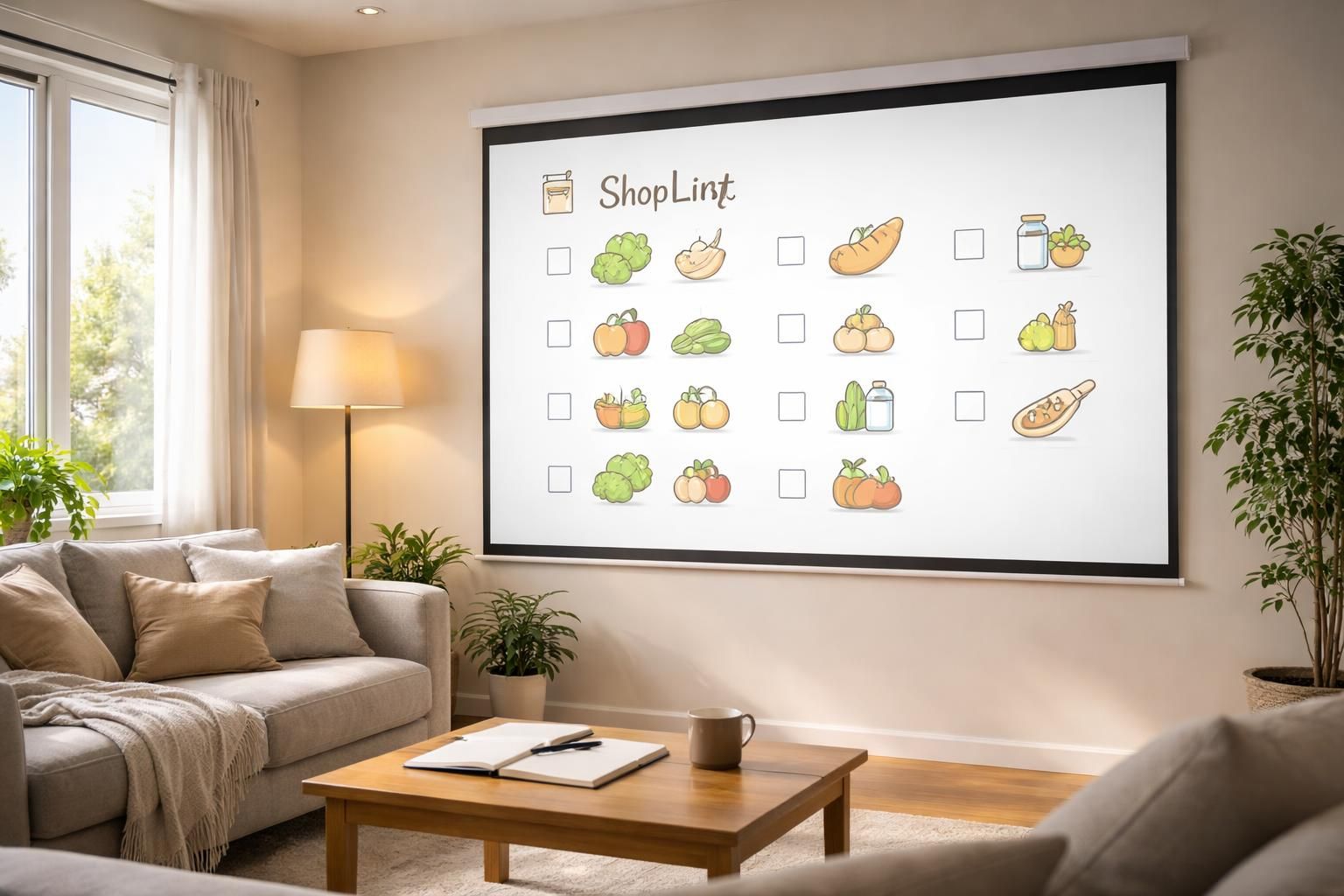 découvrez notre check-list pratique pour vos courses, projetée en qualité 4k sur écran de projection, afin de tout préparer avant de partir.
