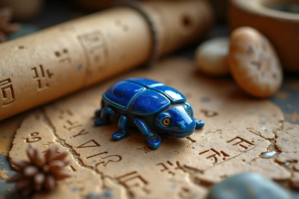 Amulette scarabée égyptienne en lapis-lazuli sur pierre ancienne avec hiéroglyphes, symbole spirituel et mystique