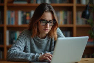 Femme curieuse explorant le site 1 Jour 1 Film sur son ordinateur portable dans un bureau cosy rempli de films