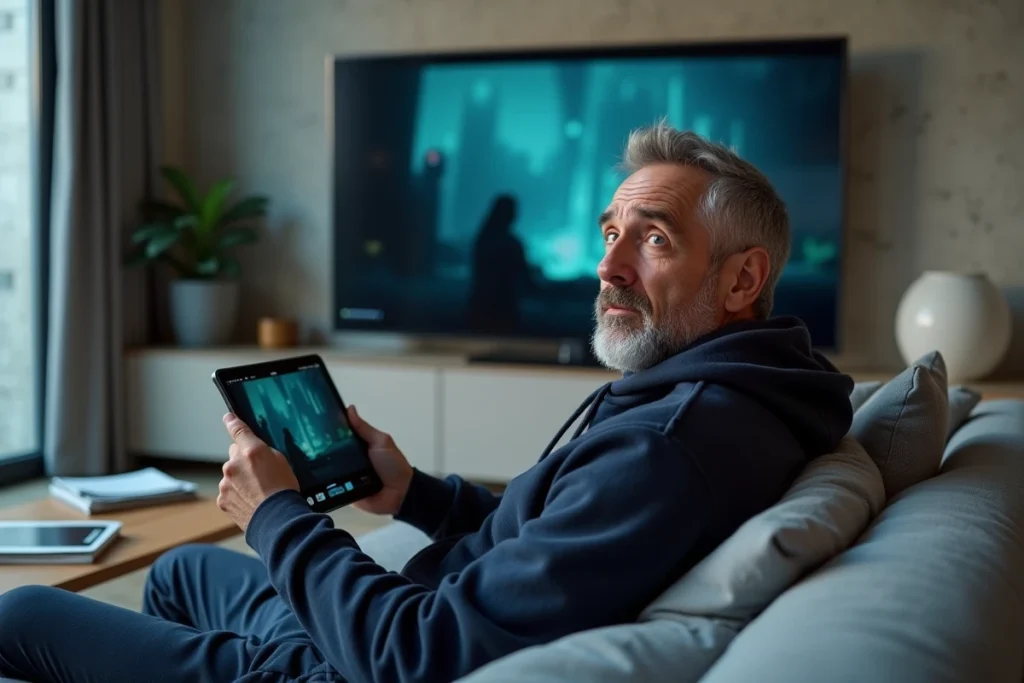 Homme découvrant une fonctionnalité cachée du site de cinéma quotidien sur sa tablette dans son salon urbain
