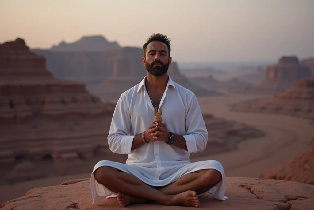 Homme en méditation dans le désert tenant un scarabée sculpté, énergie spirituelle et transformation intérieure