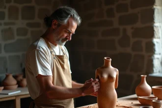 Sculpteur modelant une figurine en argile dans un atelier de pierre évoquant la mythologie grecque et le mythe de Prométhée créateur de l'humanité