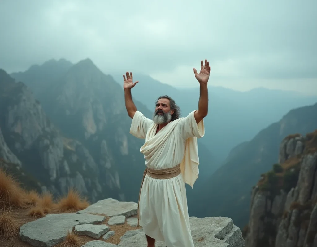 Personnage en robe de lin drapée au sommet d'une falaise rocheuse bras levés vers un ciel orageux symbolisant la rébellion de Prométhée contre les dieux
