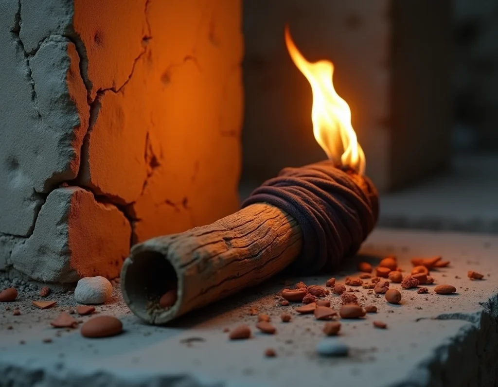 Torche en bois brûlant appuyée contre une colonne de pierre antique entourée de tessons de poterie évoquant le vol du feu dans le mythe de Prométhée