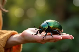Scarabée vert irisé posé sur la main d'une femme, symbolisme spirituel et connexion avec la nature