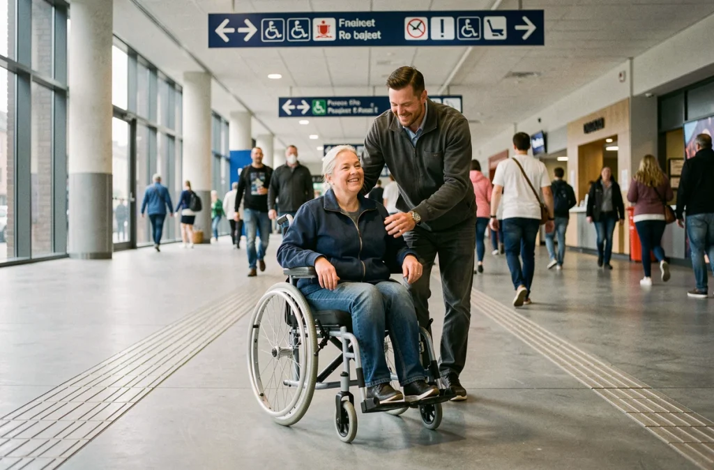 Femme en fauteuil roulant accompagnée d'un proche dans un couloir accessible d'une grande salle de spectacle à Paris