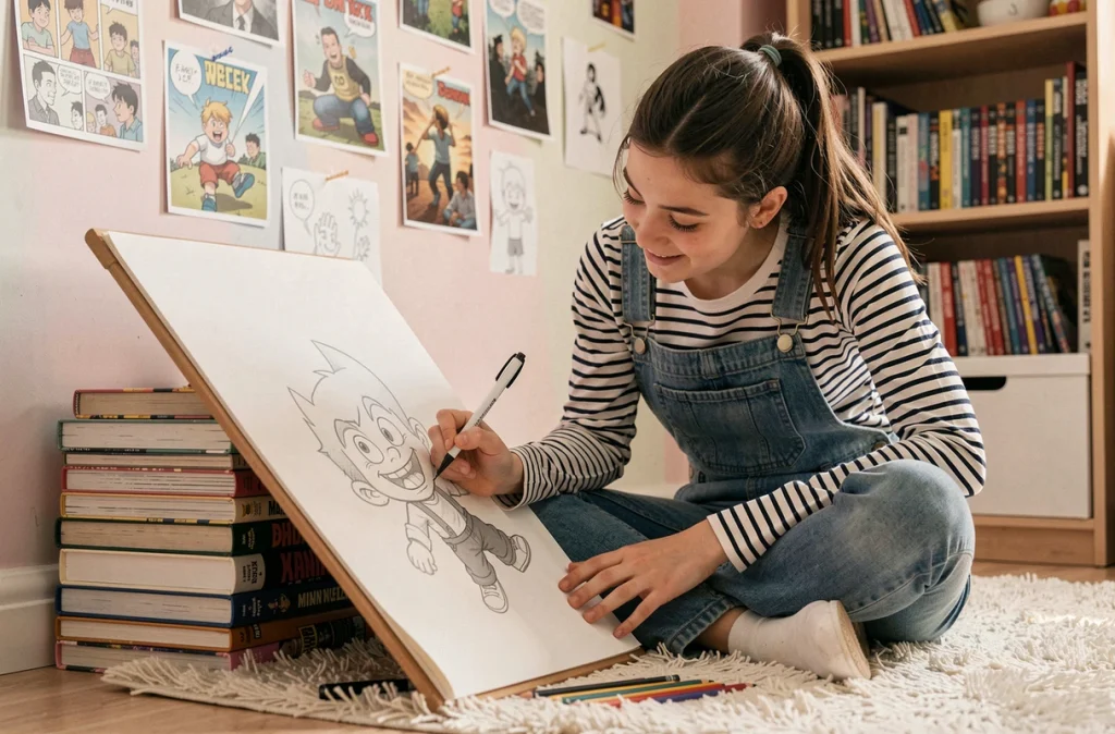 Adolescente assise sur le sol de sa chambre en train de dessiner et colorier un personnage de BD inspiré de Mortelle Adèle entourée de crayons de couleur
