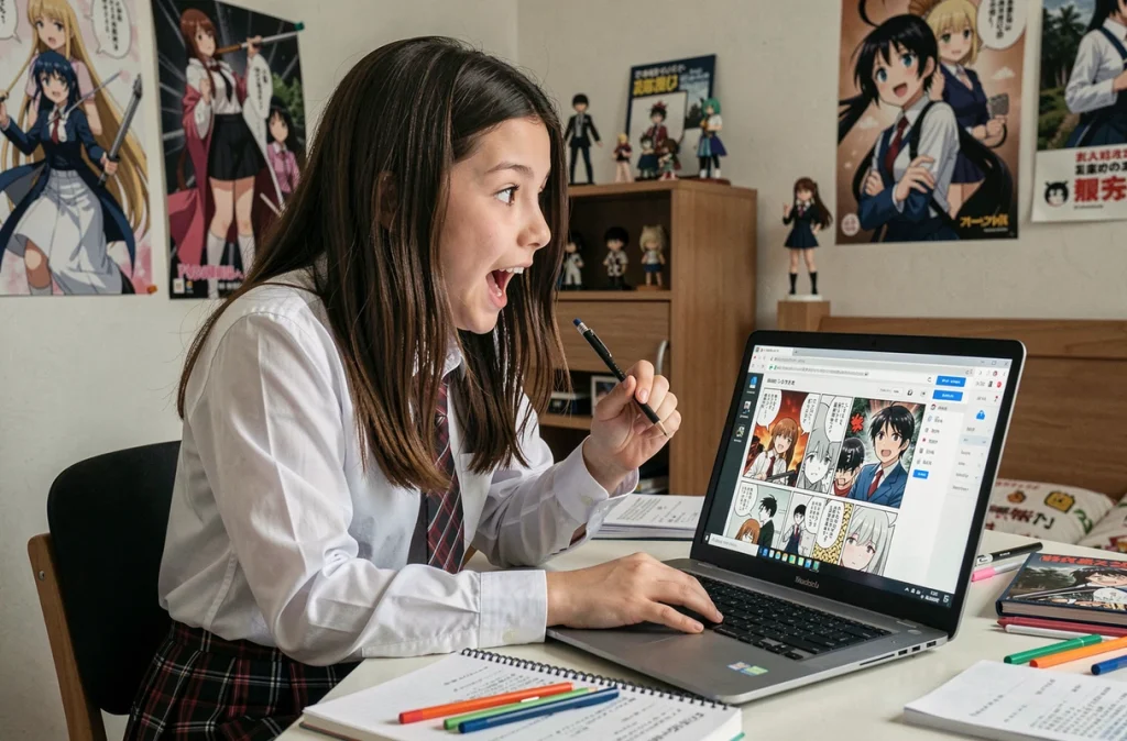 Adolescente passionnée de manga consultant un site de scan en ligne sur son ordinateur portable dans sa chambre