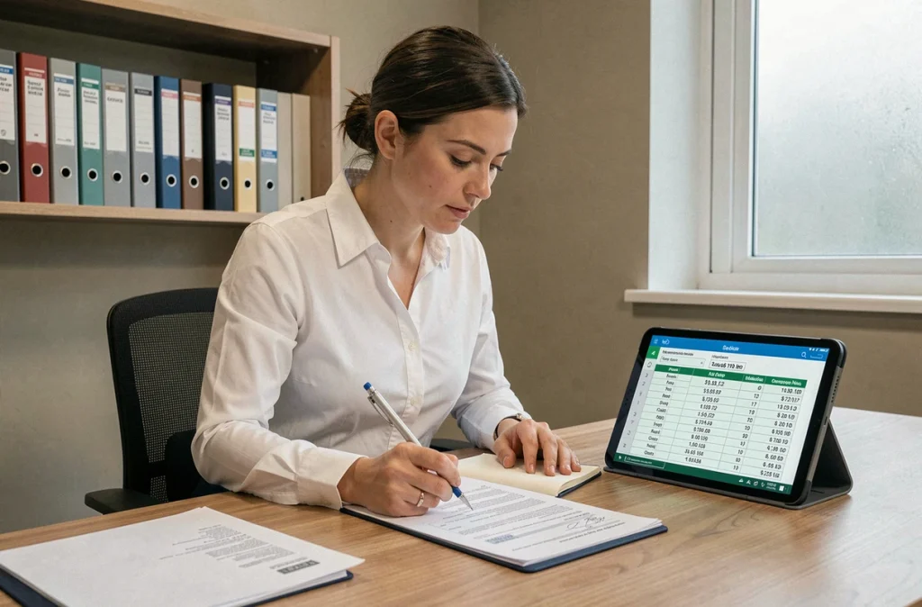 Femme professionnelle analysant des documents cadastraux et un tableau de conversion hectares kilomètres carrés dans un bureau moderne