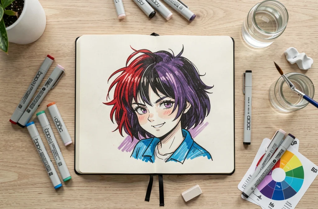 Vue aérienne d'un carnet de dessin ouvert avec un personnage BD style Mortelle Adèle colorié aux marqueurs Copic sur une table en bois clair