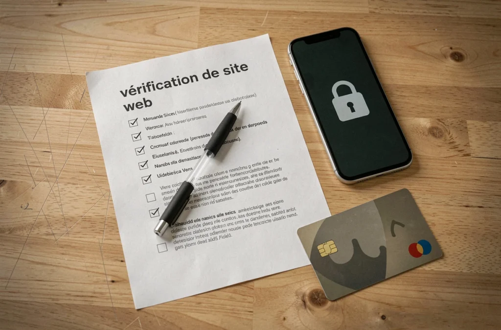 Vue en plongée d'une liste de vérification pour identifier un site e-commerce fiable ou frauduleux