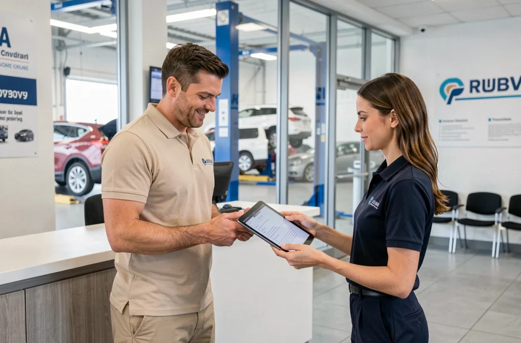 Client et conseillère dans un centre auto discutant d'un rapport d'entretien avant un voyage estival