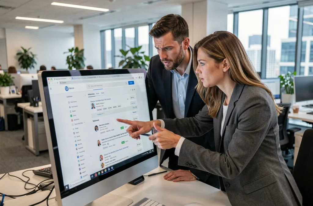 Deux collègues en open space analysant des résultats de recherche pour identifier un site fiable