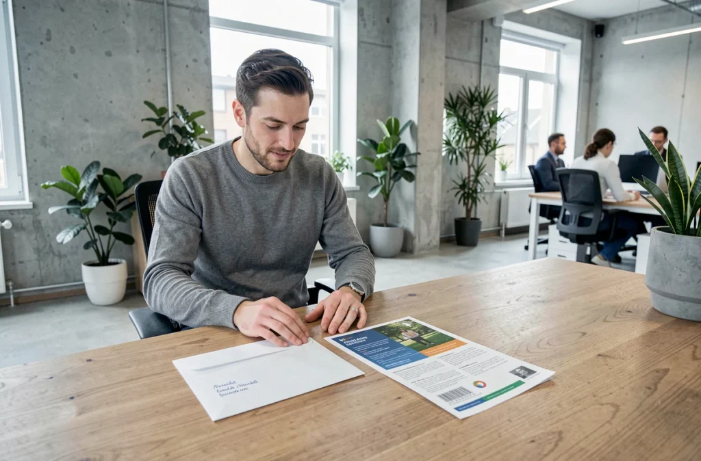 Designer comparant un courrier adressé personnalisé et un prospectus non adressé posés sur un bureau en bois dans un open space moderne