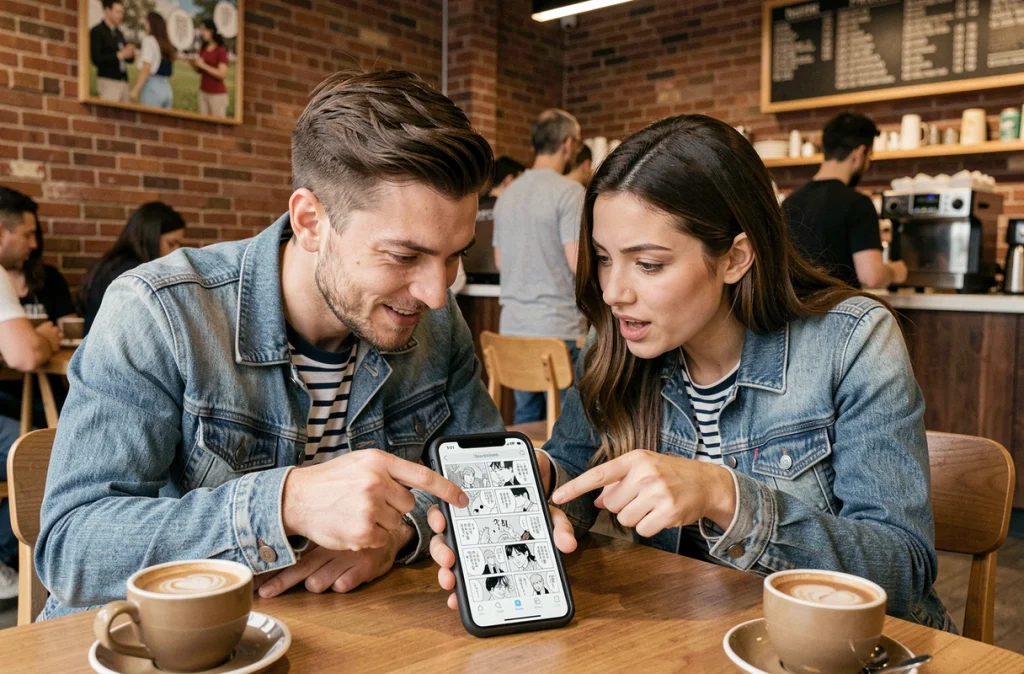 Deux amis comparant des sites de scan manga français sur smartphone dans un café urbain