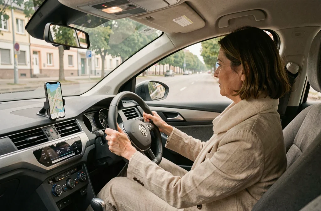 Femme adoptant une conduite souple sur route urbaine pour optimiser la consommation de carburant de son véhicule