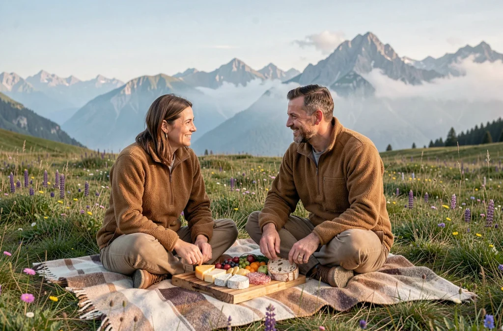 Couple profitant d'un pique-nique romantique sur une prairie alpine avec un panorama de montagne en arrière-plan