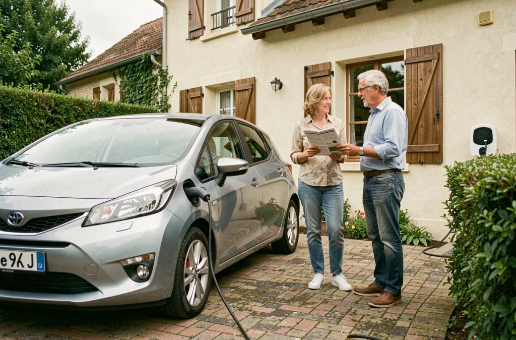 Un couple français devant leur maison examinant une brochure sur les voitures hybrides branchées à une borne de recharge domestique