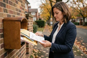Femme professionnelle triant des courriers adressés et des prospectus non adressés dans une boîte aux lettres en brique à l'automne