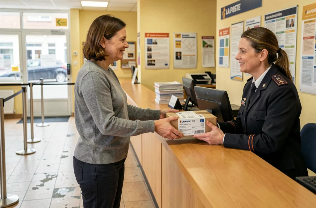 Femme remettant un colis Vinted Go à un agent dans un bureau de poste français