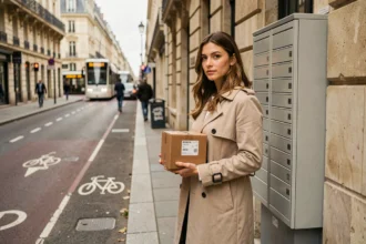 Femme déposant un colis Vinted Go dans un casier automatique en bord de rue dans une ville française
