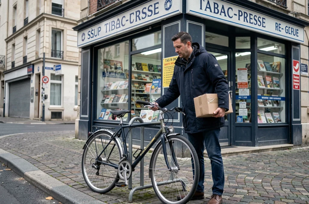 Homme à vélo déposant un colis Vinted dans un relais point de dépôt en magasin de quartier