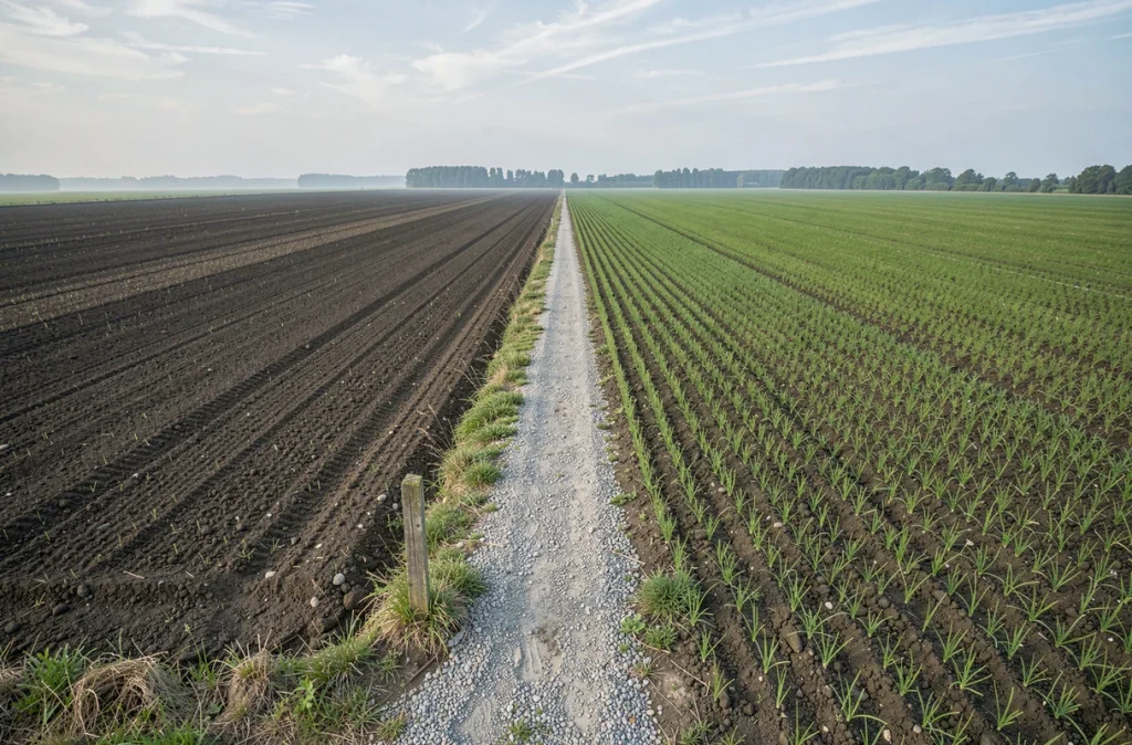 Vue au sol de deux parcelles agricoles adjacentes séparées par un chemin, illustrant la comparaison de surfaces en hectares et kilomètres carrés