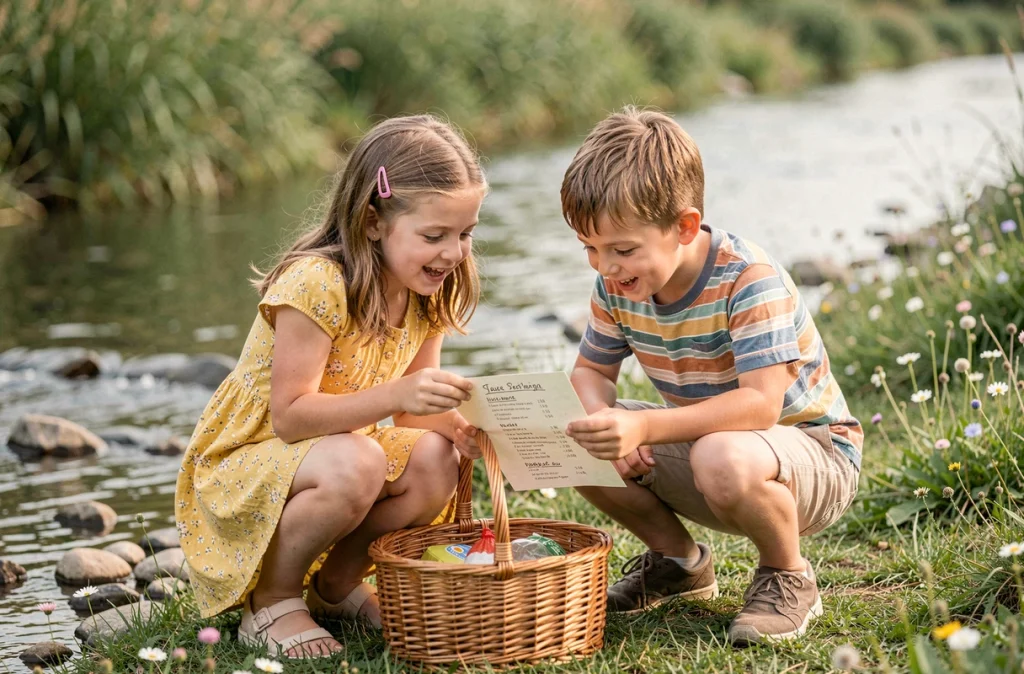 Deux enfants explorant un panier de pique-nique au bord d'une rivière dans la nature lors d'une sortie familiale