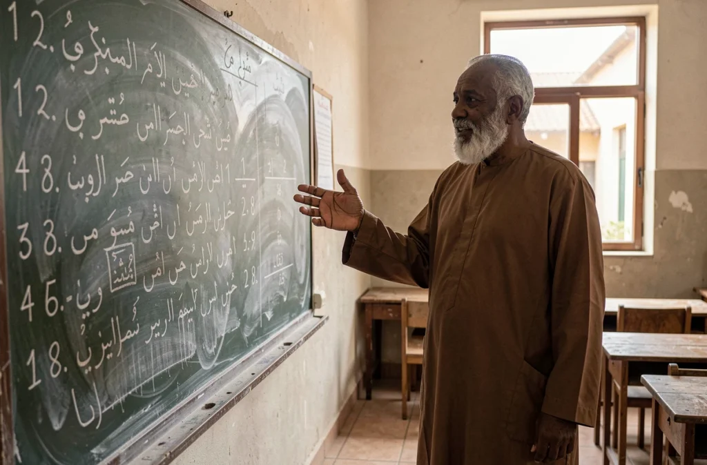 Enseignant en djellaba expliquant les noms des sourates du Coran sur un tableau dans une école coranique