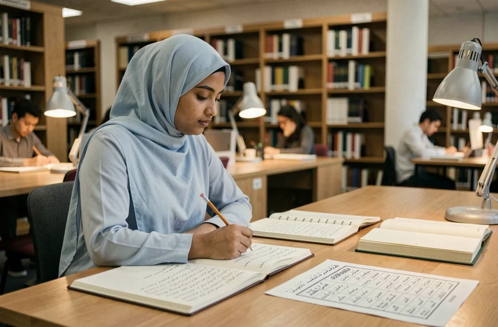 Étudiante en hijab annotant la liste des sourates du Coran dans une bibliothèque universitaire moderne