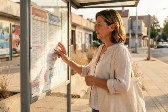 Femme consultant l'horaire du bus 172 affiché à un arrêt de bus en été