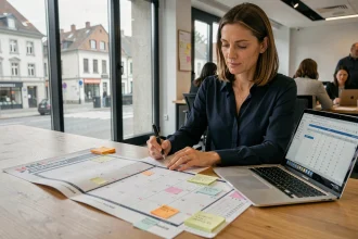 Femme d'affaires en Moselle consultant un calendrier des jours fériés dans un bureau du secteur privé