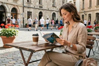 Femme consultant un magazine de voyage en terrasse de café sur une place européenne pavée, budget voyage et culture
