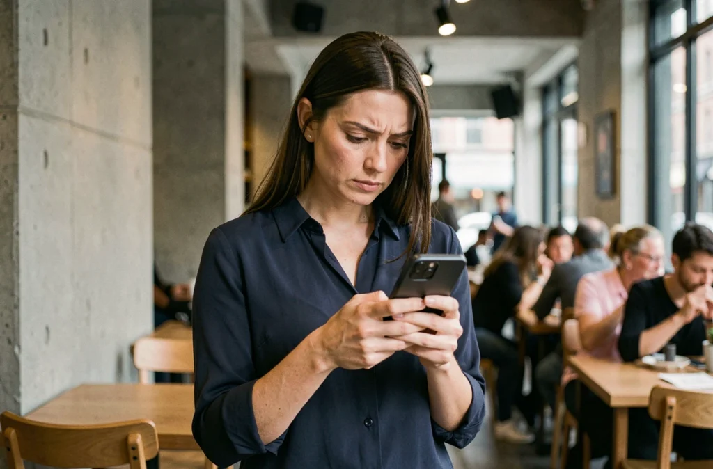 Femme analysant un site web sur son smartphone dans un café urbain pour éviter les arnaques en ligne