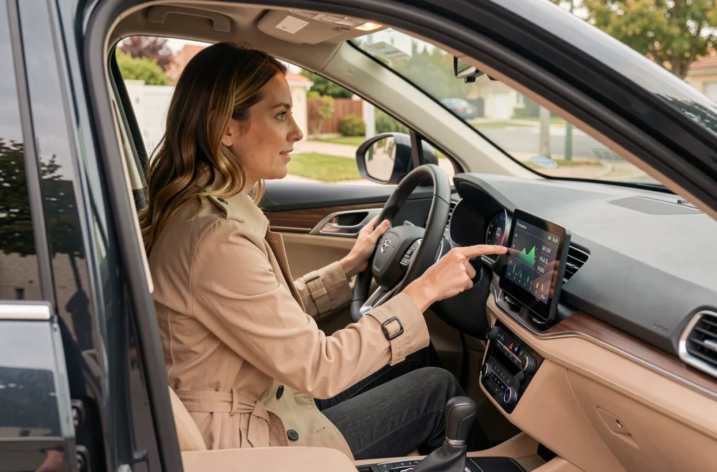 Une femme française au volant d'un SUV hybride consultant l'écran de consommation d'énergie du tableau de bord
