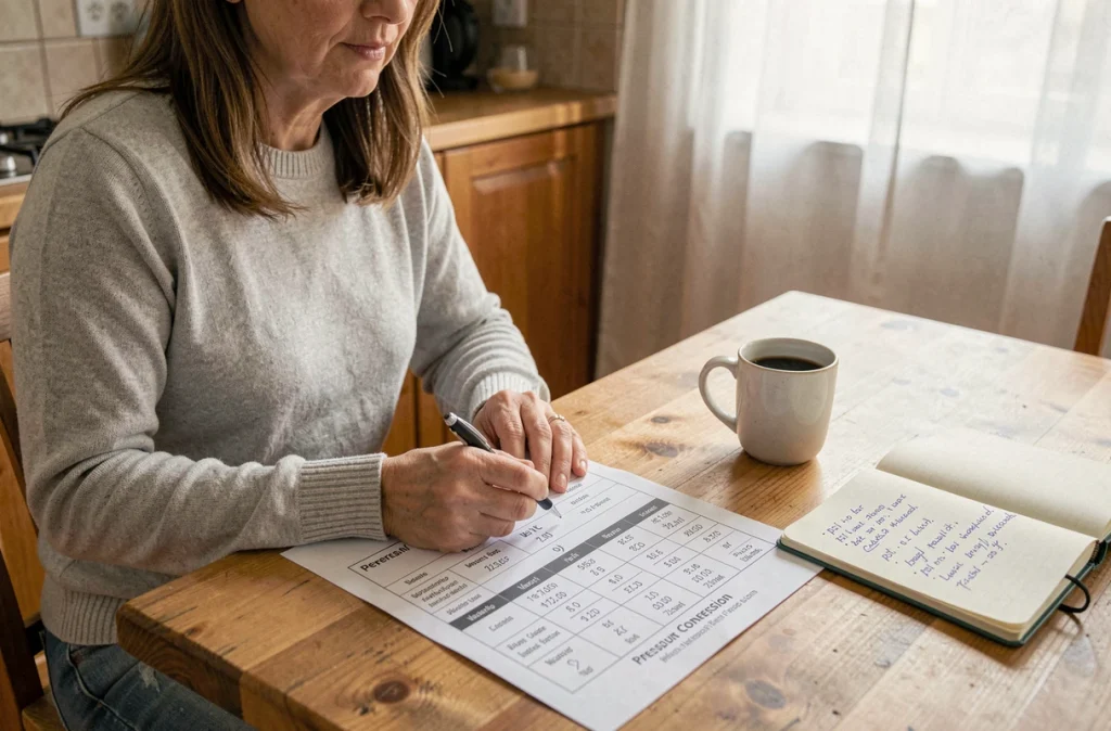 Femme consultant un tableau de conversion psi en bar à la maison avec des notes manuscrites et une tasse de café