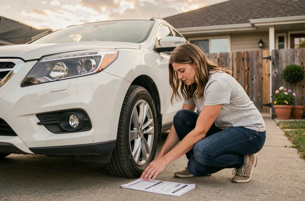 Femme vérifiant les pneus de son SUV dans une allée résidentielle avant les vacances d'été