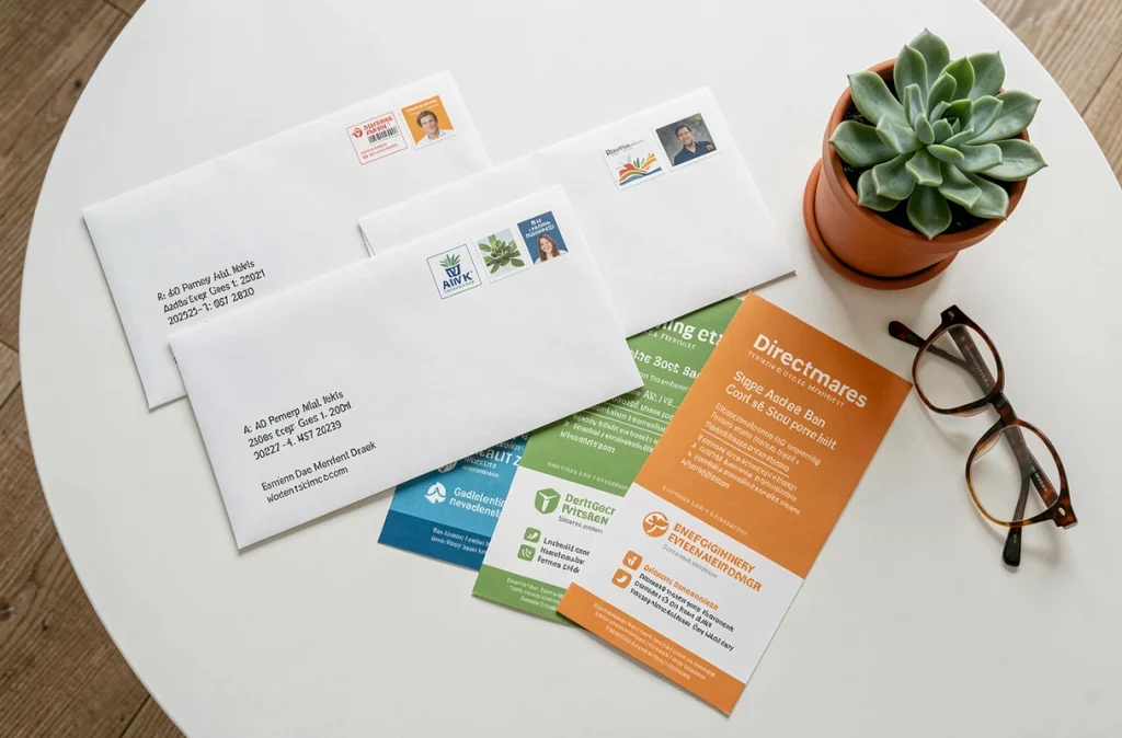 Vue de dessus d'une sélection de courriers adressés et de prospectus non adressés disposés en flat-lay sur une table blanche avec des lunettes et une plante succulente