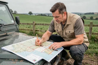 Géomètre expert comparant deux parcelles agricoles sur une carte topographique posée sur un véhicule tout-terrain en milieu rural