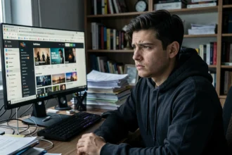 Homme jeune devant un ordinateur consultant un site de streaming illégal avec plusieurs onglets ouverts