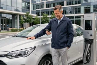 Un homme français en veste marine appuyé contre une berline hybride argent dans un parking urbain moderne
