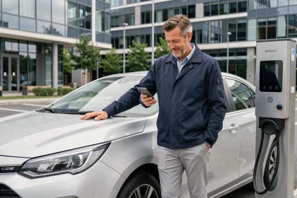 Un homme français en veste marine appuyé contre une berline hybride argent dans un parking urbain moderne