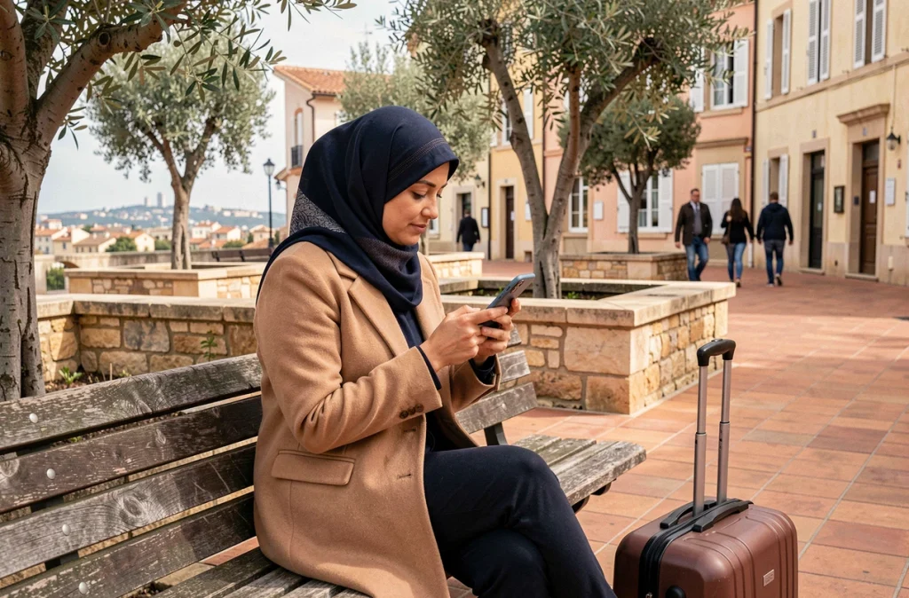 Femme voilée consultant les horaires de prière sur son téléphone lors d'un voyage à Montpellier