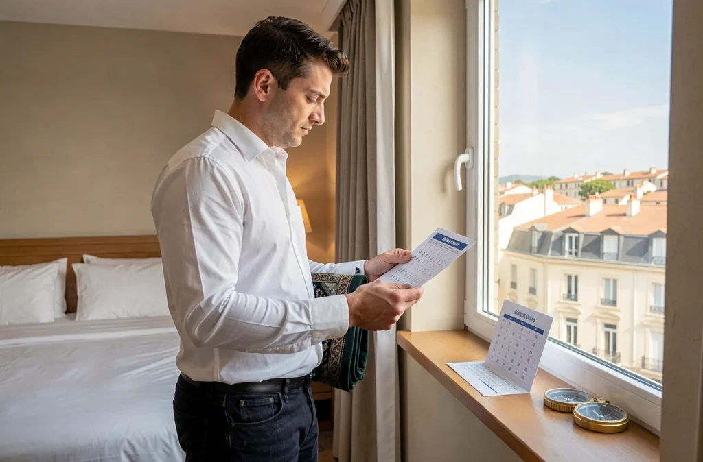 Voyageur consultant un horaire de prière imprimé et une boussole dans une chambre d'hôtel à Montpellier