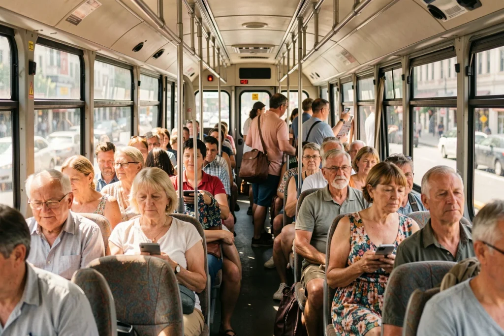 Intérieur bondé du bus 172 avec des passagers en tenue estivale pendant l'été