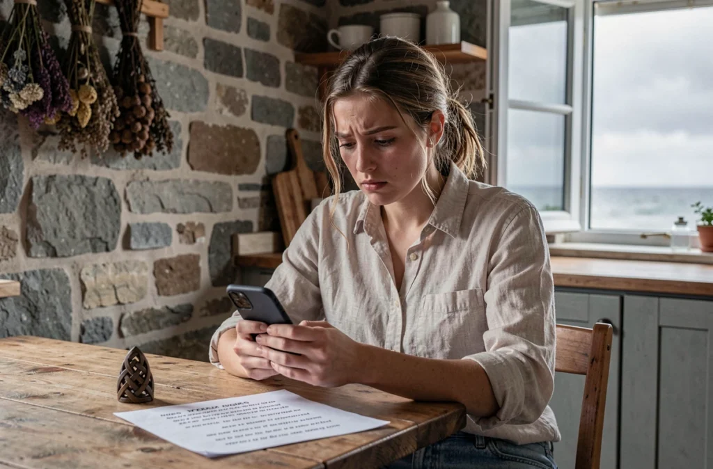 Jeune femme bretonne consultant son smartphone à une table en bois, feuille de paroles de gwers et ambiance intérieure rustique, expression préoccupée