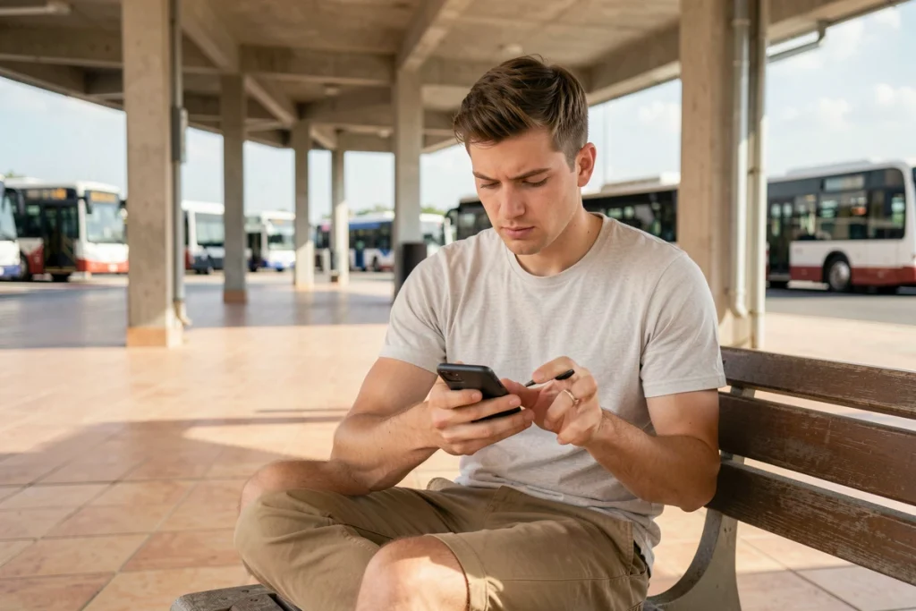 Jeune homme consultant les horaires du bus 172 sur son téléphone à la gare routière en été