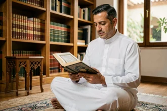 Homme lisant le Coran ouvert sur un tapis de prière dans une salle d'étude islamique traditionnelle